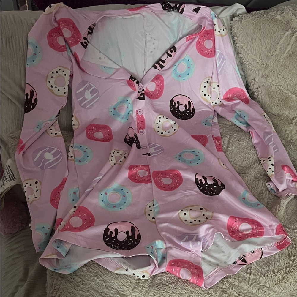 SHEIN Pink Donut-Print Button-Front Onesie Romper